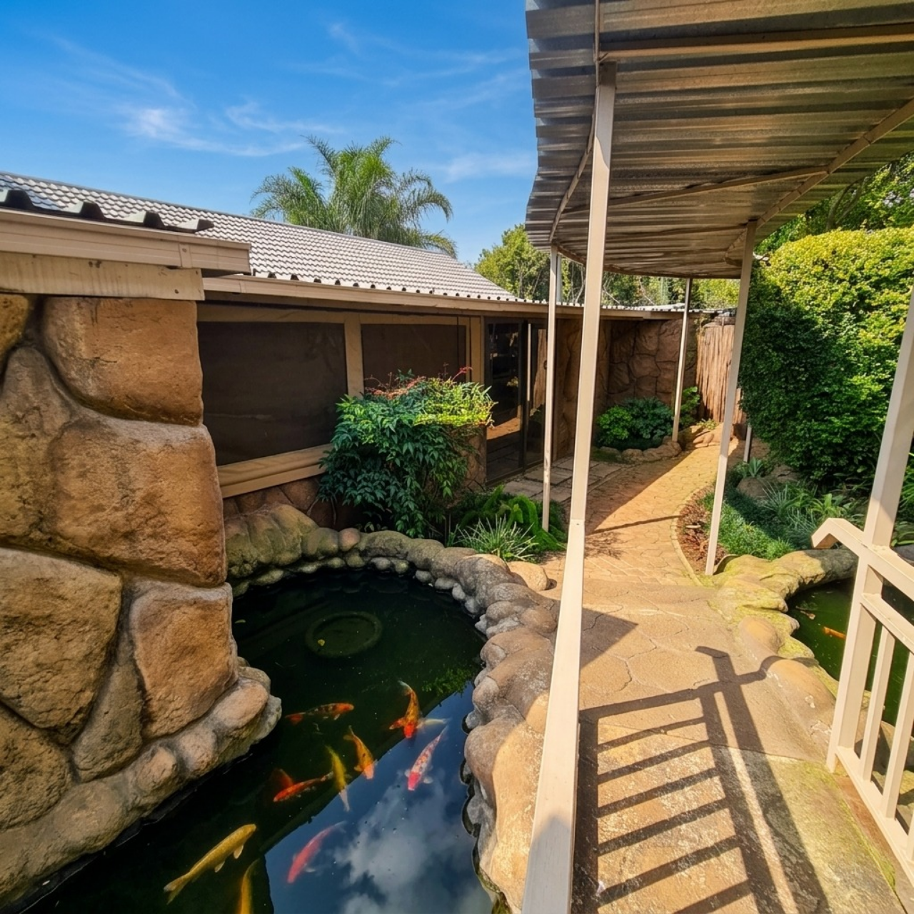 Peaceful outdoor koi pond and stone walkway at Crystal Rose Lodge spa with colourful fish, rock-textured buildings and lush greenery near Johannesburg